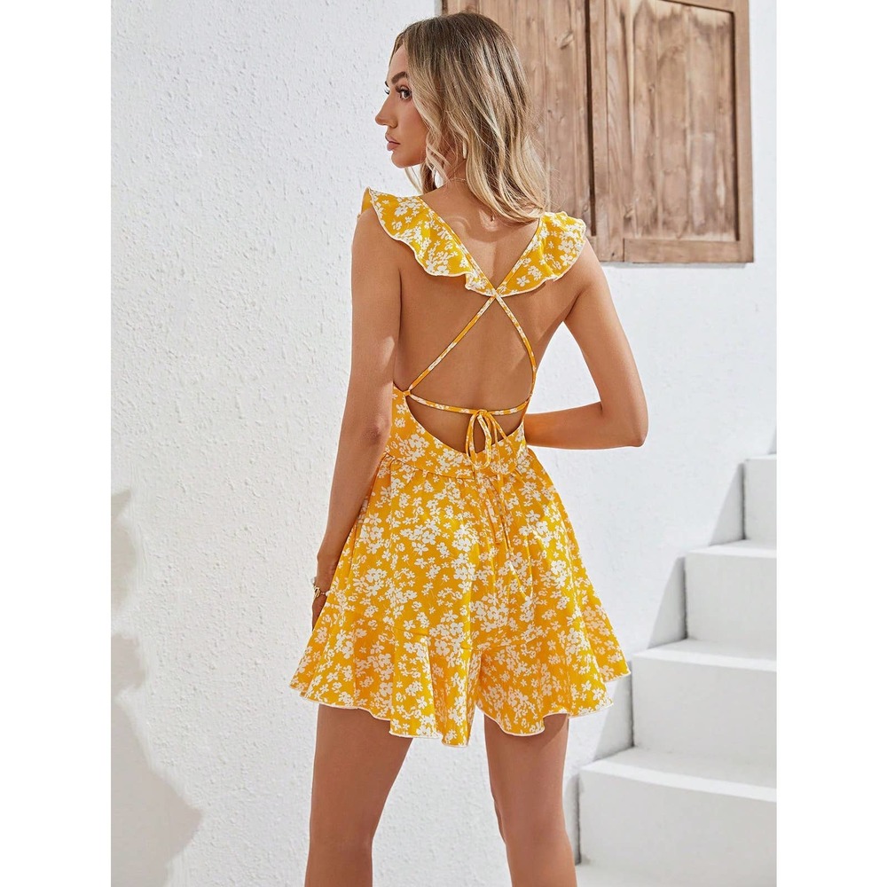 Boho Allover Floral Print Ruffle Trim Romper - Picture 5 of 12